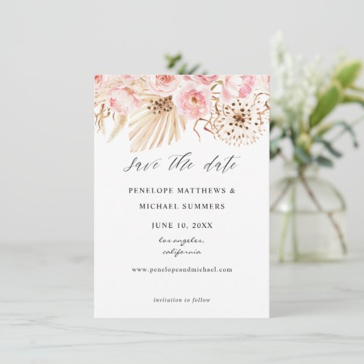 Bohemisch rosa Floral Save the Date (Stehend Vorderseite)