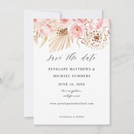 Bohemisch rosa Floral Save the Date (Vorderseite)
