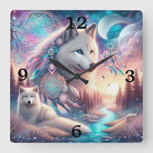 Bohemisch Style Wolf und Dreamcatchers Quadratische Wanduhr (Vorderseite)