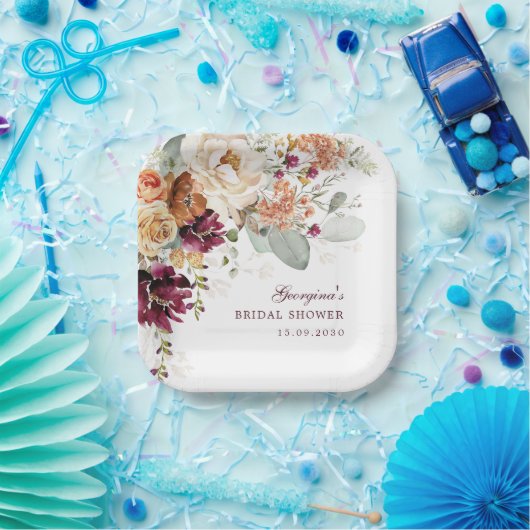 Bohemisch Terracotta  Maroon Blume Brautparty Pappteller (Party)