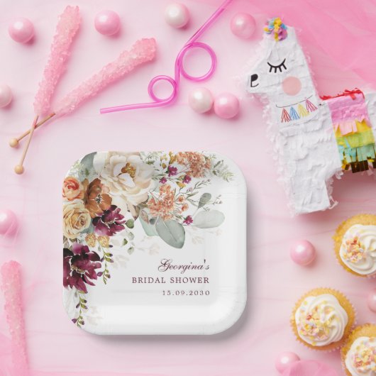 Bohemisch Terracotta Maroon Blume Brautparty Pappteller (Party)