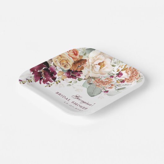 Bohemisch Terracotta  Maroon Blume Brautparty Pappteller (Gewinkelt)