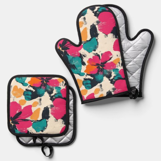 Bohemisch tropische Flora Ofenhandschuh & Topflappen-Set (Vorderseite/Rückseite)