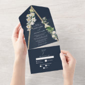 Bohemisch Wood Pyramid White Florals Blue Wedding All In One Einladung (Abreißen)