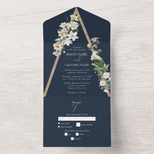 Bohemisch Wood Pyramid White Florals Blue Wedding All In One Einladung (Innen Boden)