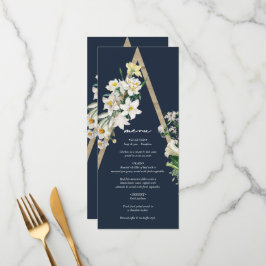 Bohemisch Wood Pyramid White Florals Blue Wedding Menükarte