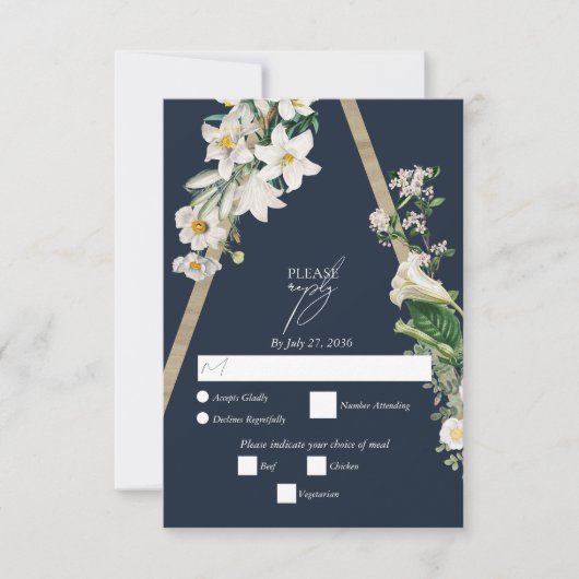 Bohemisch Wood Pyramid White Florals Blue Wedding RSVP Karte (Vorderseite)