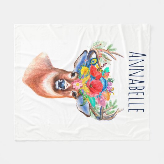 Bohemische Aquarellblume Hirsche und Name Fleecedecke (Vorderseite (Horizontal))