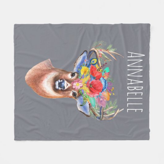 Bohemische Aquarellblume Hirsche und Name Fleecedecke (Vorderseite (Horizontal))
