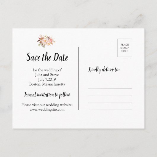 Bohemische Aquarellfarben Blume Save the Date eleg Ankündigungspostkarte (Rückseite)