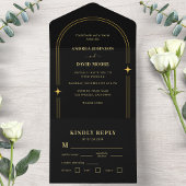 Bohemische Arch-Hochzeit mit Gold und Black Boho All In One Einladung