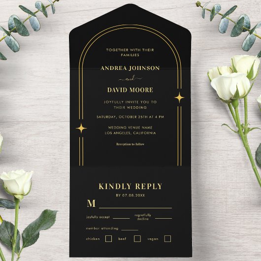 Bohemische Arch-Hochzeit mit Gold und Black Boho All In One Einladung