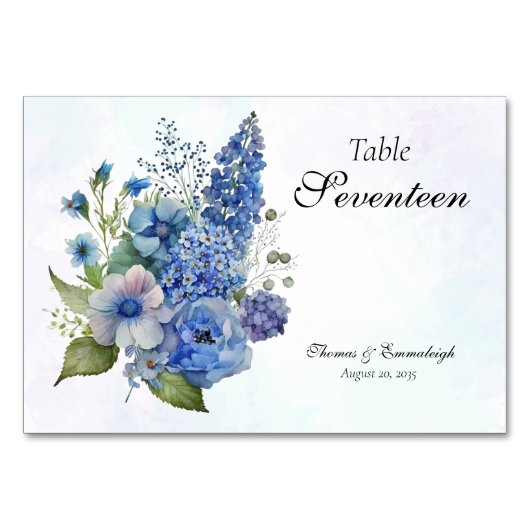 Bohemische Blauer Violet Blütenweiße Hochzeit Tischnummer (Rückseite)