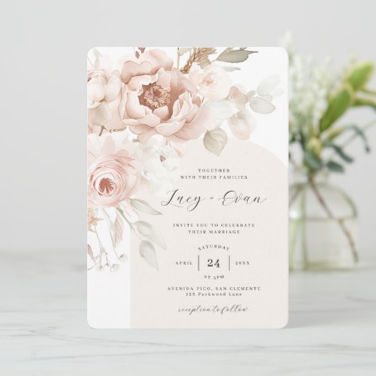 Bohemische Blooms Moderne Arch Boho Hochzeit Einladung (Stehend Vorderseite)