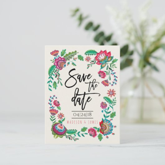 Bohemische Blume in Rot und Grün | SAVE THE DATE Ankündigungspostkarte (Stehend Vorderseite)