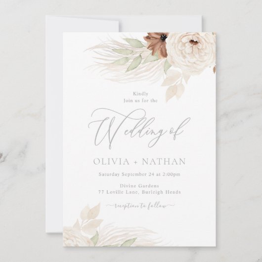 Bohemische Blumenbeige und Elfenbeinhochzeit Einladung (Vorderseite)