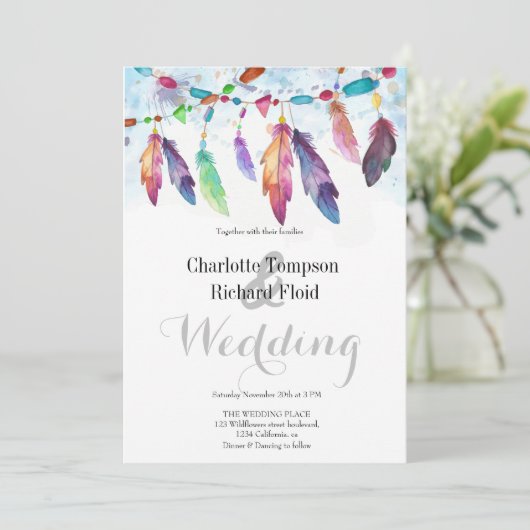 Bohemische Blumenfeathers Hochzeit Einladung (Stehend Vorderseite)