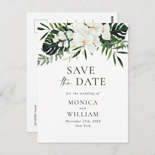 Bohemische Blumenhochzeit in weißer Orchidee rette Postkarte (Vorne/Hinten)