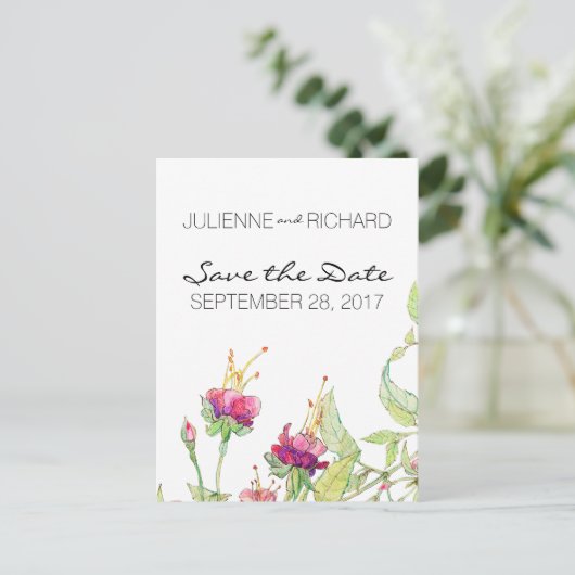 Bohemische Blumenhochzeit speichern das Datum Ankündigungspostkarte (Stehend Vorderseite)