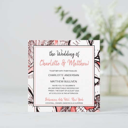 Bohemische Blumenkoralle Weiß Zeichnend Hochzeit Einladung (Stehend Vorderseite)