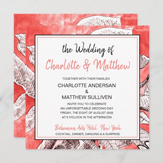 Bohemische Blumenkoralle Zeichnend Wasserfarbenhoc Einladung (Vorne/Hinten)