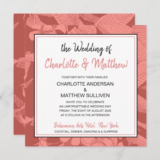 Bohemische Blumenkorallenwatermark Moderne Hochzei Einladung (Vorne/Hinten)