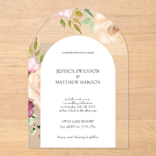 Bohemische Blush Rose Hochzeit Wasserfarben Acryleinladungen (Vorderseite)