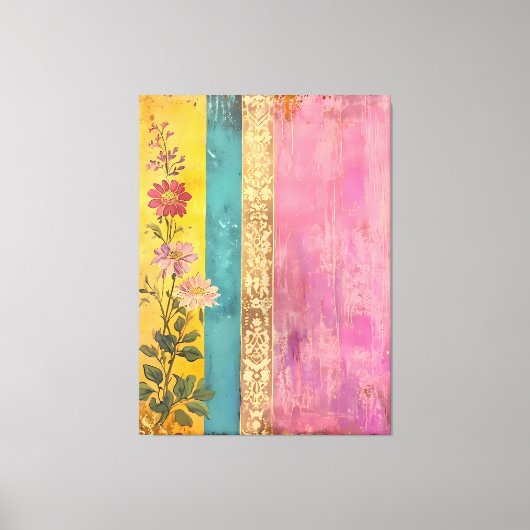 Bohemische Blüte - Wildblumen auf gestreifter Lein Leinwanddruck (Vorderseite)