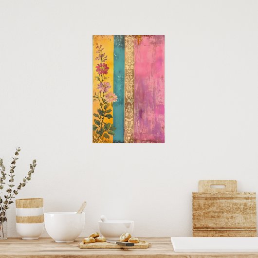 Bohemische Blüte - Wildblumen auf gestreifter Lein Poster (Küche)