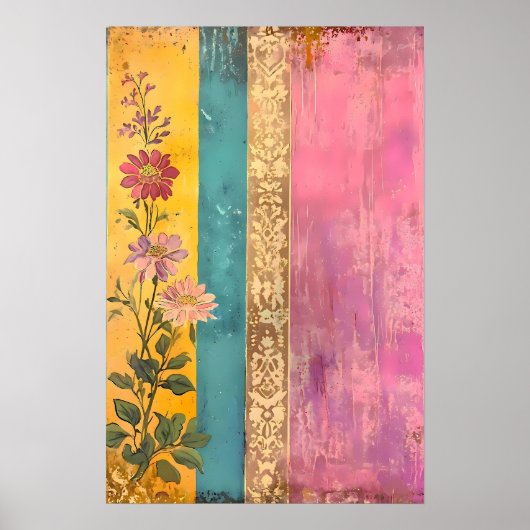 Bohemische Blüte - Wildblumen auf gestreifter Lein Poster (Vorne)