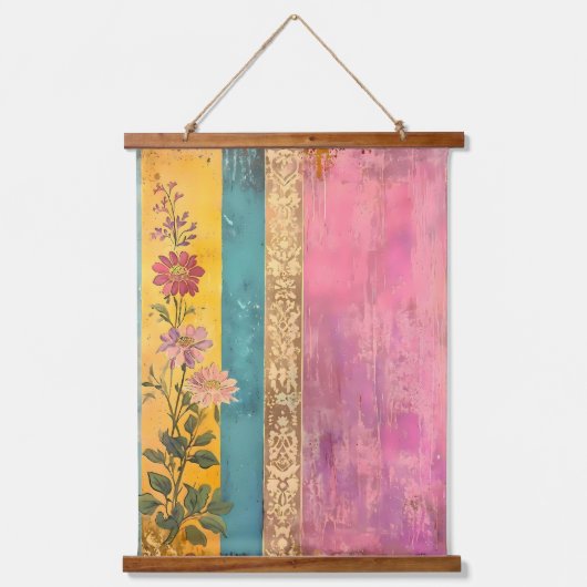 Bohemische Blüte - Wildblumen auf gestreifter Lein Wandteppich Mit Holzrahmen (Vorderseite)