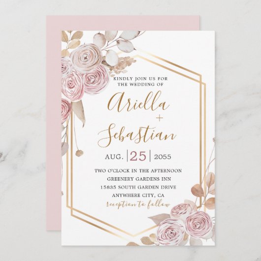 Bohemische Blütenpraxis, rosa Rosen Gold Einladung (Vorne/Hinten)