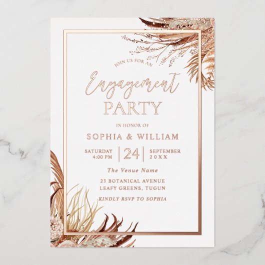 Bohemische Boho Engagement Party Rose Gold Folieneinladung (Vorderseite)