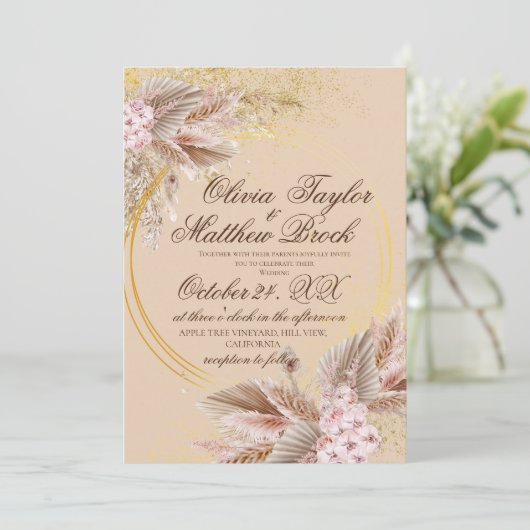 Bohemische Boho Pampas Grass Blume Hochzeit Einladung (Stehend Vorderseite)