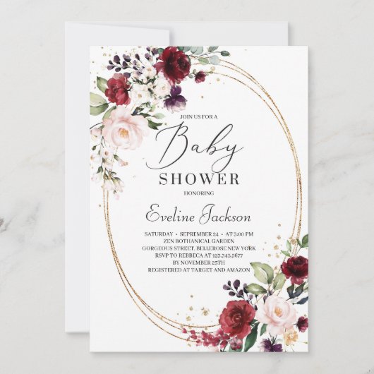 Bohemische Bordeaux-Rosa-Goldbrunnendusche Einladung (Vorderseite)