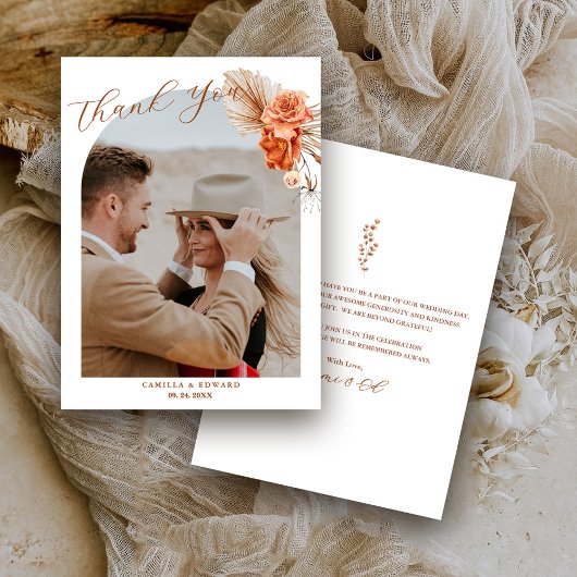 Bohemische Burnt-Orange-Blütenhochzeit Dankeskarte