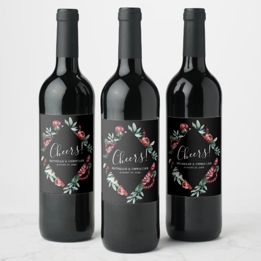 Bohemische Cheers Schwarze Rote Rosen Hochzeitswei Weinetikett (Flaschen)