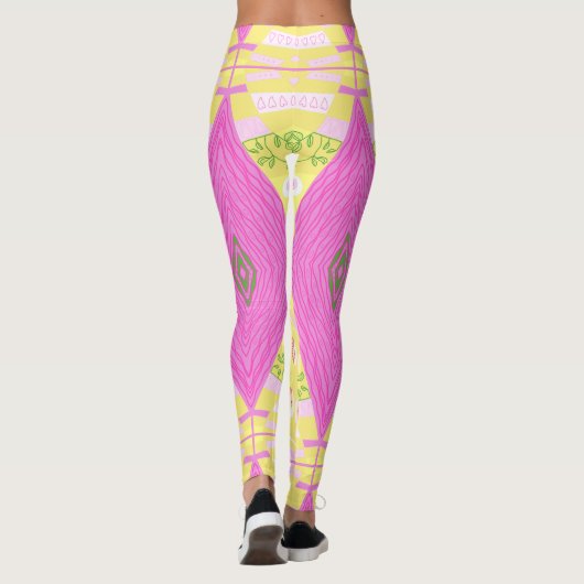 Bohemische Chintz-Illustration Gelb-Rosa-Grün Leggings (Rückseite)