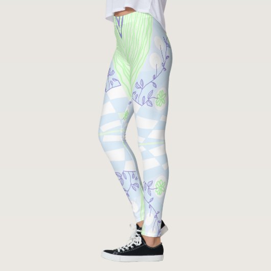 Bohemische Chintz Illustration Pastel Blue Green Leggings (Links)