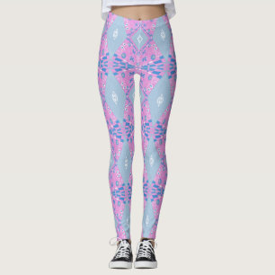 Bohemische Chintz-Illustration Rosa Blau Weiß 4 Leggings