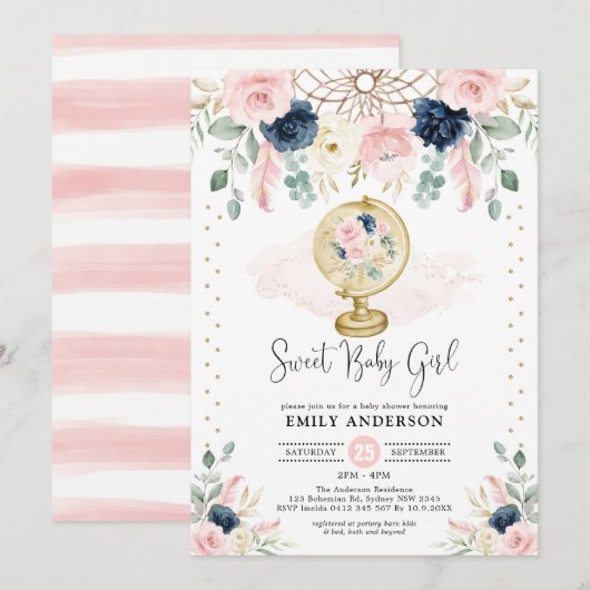 Bohemische Dreamcatcher Navy Blush Gold Baby Dusch Einladung (Vorne/Hinten)