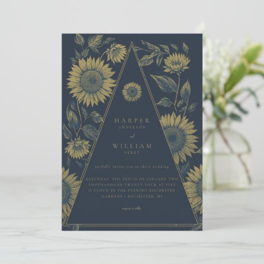 Bohemische Dreieck-Sonnenblumenhochzeit Einladung (Stehend Vorderseite)