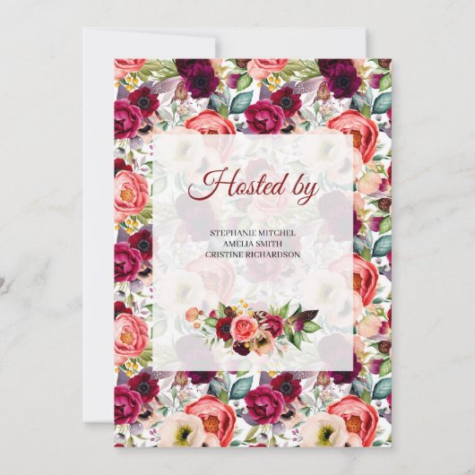 Bohemische Dusche mit blühender Bordeaux Einladung (Rückseite)