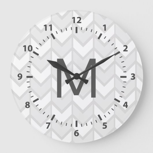 Bohemische Elegant Gray & White Chevrons Große Wanduhr (Vorderseite)
