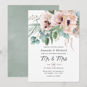 Bohemische Eukalyptus Pink Poppy Hochzeit Einladung