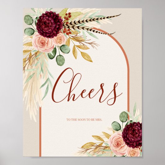 Bohemische Fall Floral Wedding Bar Cheers Tafelzei Poster (Vorne)