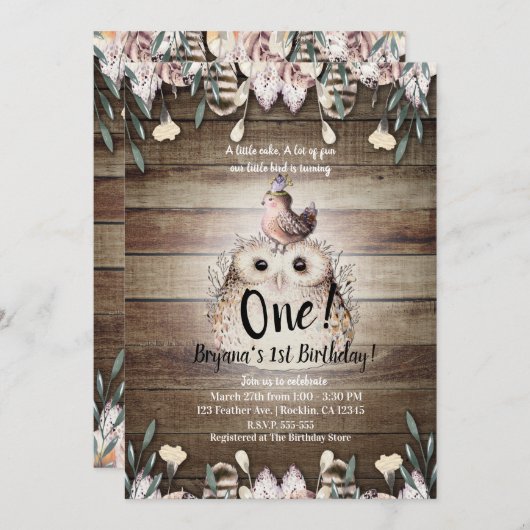 Bohemische Feather Friends Owl & Bird Baby 1. Einladung (Vorne/Hinten)