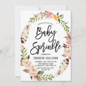 Bohemische Federn Blumenreath Pink Baby Sprinkle Einladung (Vorderseite)