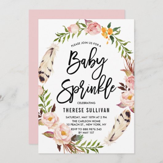 Bohemische Federn Blumenreath Pink Baby Sprinkle Einladung (Vorne/Hinten)