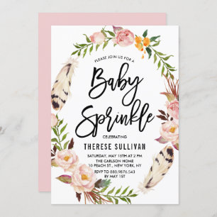Bohemische Federn Blumenreath Pink Baby Sprinkle Einladung